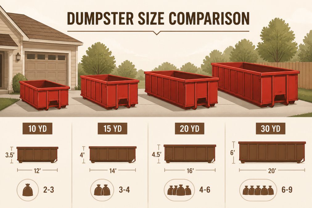 Four roll-off dumpsters lined up side-by-side in a residential driveway showing relative size differences from smallest to largest containers