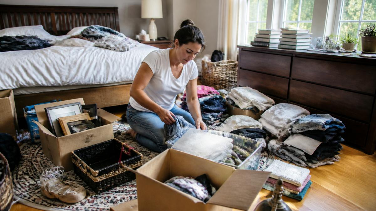 Homeowner organizing items on a bedroom floor with labeled boxes and piles for keeping, donating, and discarding, natural daylight from windows