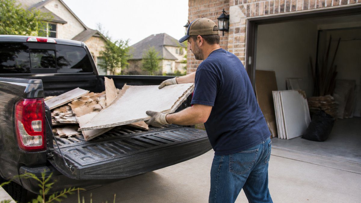 Homeowner loading a pickup truck with construction debris and old materials in a residential driveway, showing the physical effort involved in multiple hauling trips
