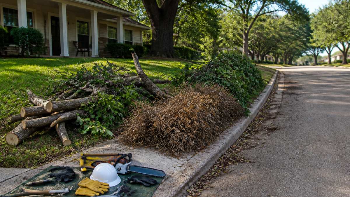 Homeowner organizing piles of fallen branches and storm debris along the curb of a residential property, with sorted materials in distinct piles and a clear walkway to the street