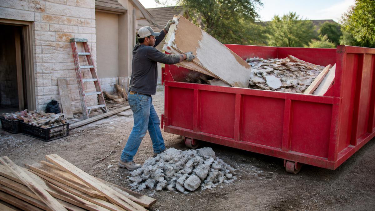 Contractor loading wood and drywall into a roll-off dumpster for efficient construction waste disposal services.