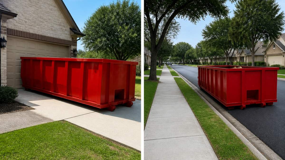 Roll-off dumpster placed on a residential driveway, highlighting why do I need a permit for a dumpster on the street.