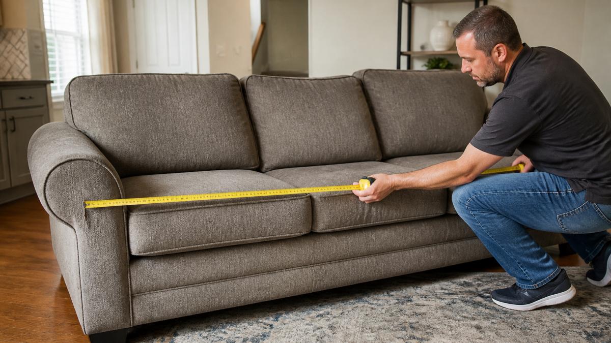 Person using a tape measure to check if a couch will fit dumpster dimensions before disposal