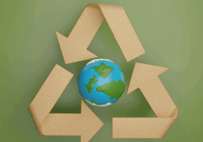 Recycling symbol with Earth in a center.